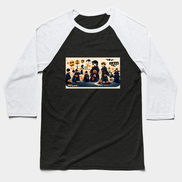 A Group of People in Kimonos Holding Pumpkins Baseball T-Shirt by Tee Trendz